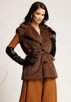 Vesta din blana maro cu rever si curea in talie imagine