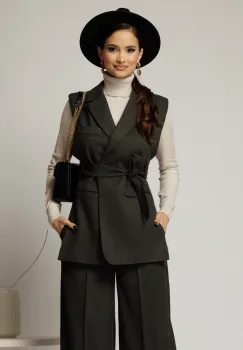 Vesta gri casual office cu croi cambrat si cordon in talie imagine