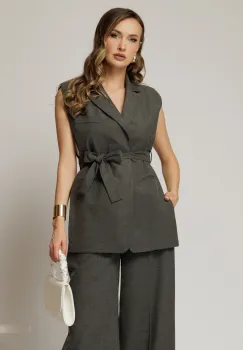 Vesta gri deschis casual office cu croi cambrat si cordon in talie imagine