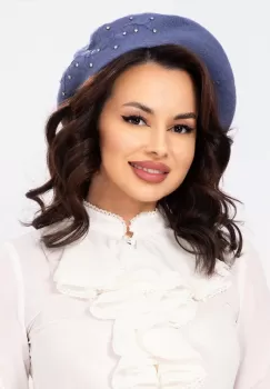 Bereta premium din tricot azur Gossip Girl cu strassuri si flori brodate imagine