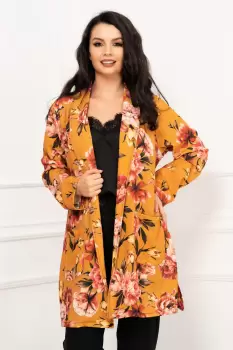 Blazer dama lejer mustar cu imprimeu floral si cordon in talie imagine