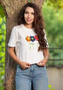 Bluza casual chic alba cu flori 3D brodate imagine