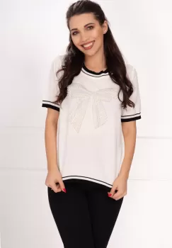 Bluza casual de primavara din tricot fin alba cu funda din perle imagine