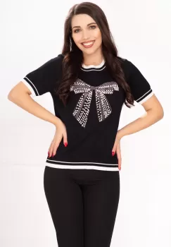 Bluza casual neagra din tricot fin cu funda din perle imagine