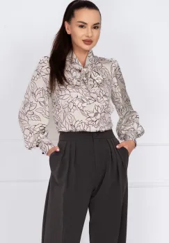 Bluza dama alba cu imprimeu floral si guler tip esarfa imagine