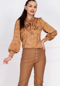 Bluza dama cappuccino cu imprimeu floral si guler tip esarfa imagine