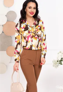 Bluza dama eleganta cu imprimeu tip pictura si guler esarfa imagine