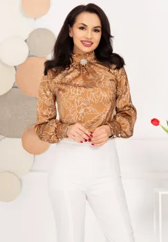 Bluza dama eleganta InPuff maro cu flori de nufar imagine