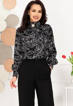 Bluza dama eleganta InPuff neagra cu flori de nufar imagine