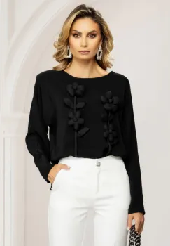 Bluza dama eleganta neagra cu flori 3D aplicate imagine