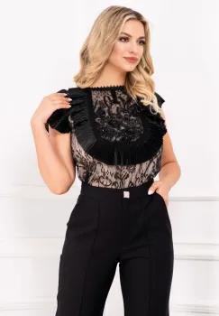 Bluza Effect eleganta neagra din dantela cu pliseuri din satin si margelute imagine