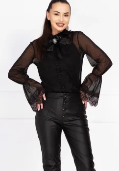 Bluza eleganta Effect neagra cu dantela si funda neagra cu brosa la gat imagine