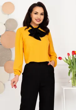 Bluza eleganta galbena din voal InPuff cu guler tip esarfa imagine