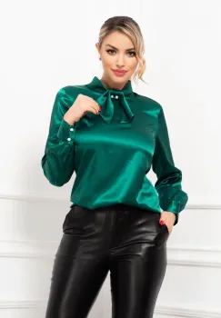 Bluza eleganta InPuff verde smarald din satin cu funda stilizata imagine