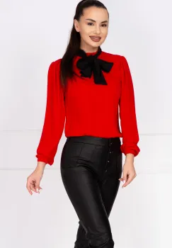 Bluza eleganta rosie din voal InPuff cu guler tip esarfa imagine