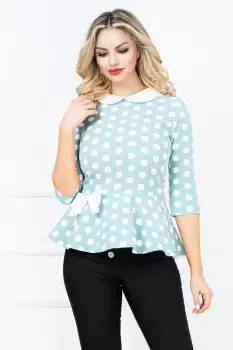 Bluza InPuff turquoise cu buline si peplum cu funda ecru in talie imagine