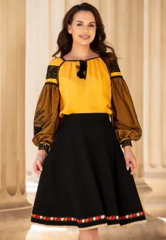 Bluza mustar brodata cu motive traditionale si tul negru imagine