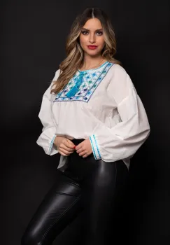 Bluza tip ie din bumbac cu broderie bleu imagine