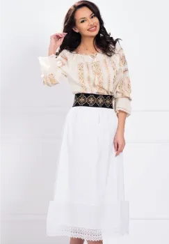 Brau dama traditional Filofteia brodat cu motive bej inpirate din portul romanesc imagine