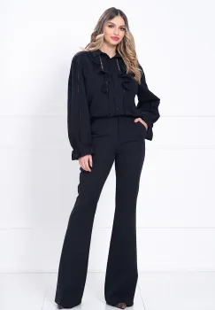 Camasa neagra din panza cu sabac si volane imagine