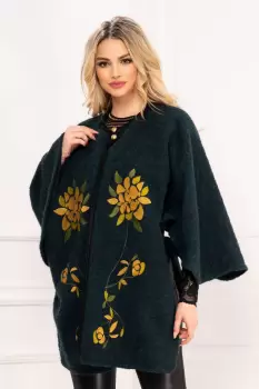 Capa Venezia eleganta turquoise din lana cu broderie mustar imagine