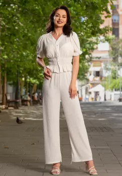 Compleu casual ecru din crep cu bluza si pantalon imagine