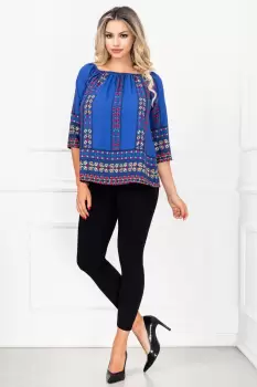 Compleu casual Melody cu bluza albastra si imprimeu floral By InPuff imagine