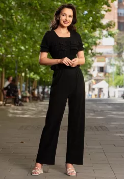 Compleu casual negru din crep cu bluza si pantalon imagine