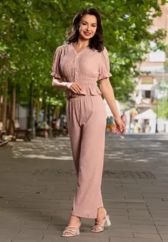 Compleu casual rose din crep cu bluza si pantalon imagine