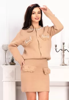 Compleu dama camel elegant din tricot cu perle decorative imagine