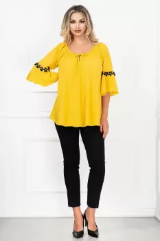 Compleu dama elegant mustar cu maneca clopot si flori 3D By InPuff imagine