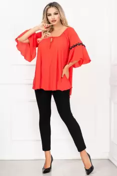 Compleu dama rosu elegant cu maneca clopot si flori 3D By InPuff imagine