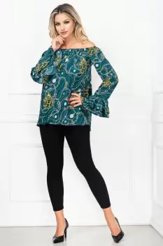 Compleu dama verde Eliza cu imprimeu si volane la maneci By InPuff imagine