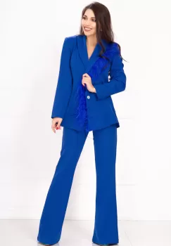 Compleu elegant albastru royal cu pantalon evazat si aplicatie din fulgi imagine