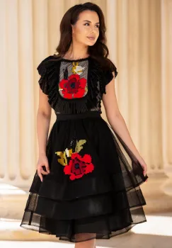 Fusta Effect eleganta neagra din tulle cu volane si broderie imagine