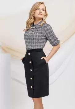 Fusta eleganta Pretty Girl neagra texturata din bumbac cu nasturi perla imagine