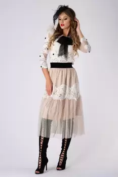 Fusta in clos din tul cu broderie si buline imagine