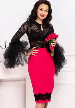 Fusta magenta Venezia cu dantela neagra la terminatie imagine