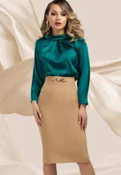 Fusta office Pretty Girl conica bej cu accesoriu metalic in talie imagine