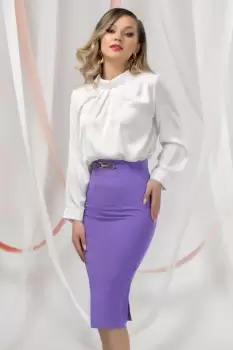 Fusta office Pretty Girl conica mov cu accesoriu metalic in talie imagine