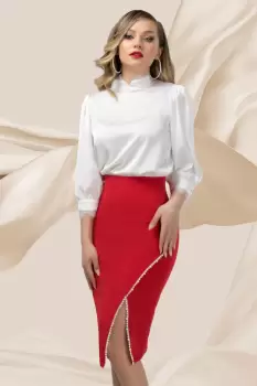 Fusta rosie eleganta Pretty Girl asimetrica cu banda de perle imagine