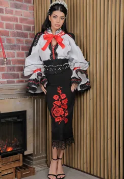 Fusta traditionala midi conica cu broderie rosie imagine