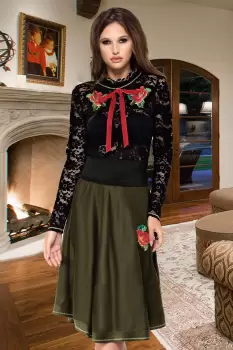 Fusta Venezia midi cu broderie florala traditionala imagine