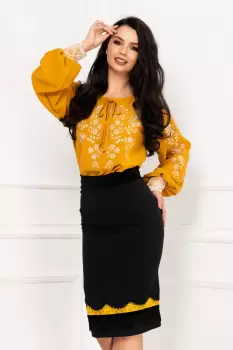 Fusta Venezia neagra conica cu dantela mustar aplicata la terminatie imagine