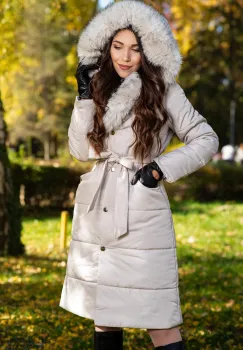 Geaca dama lunga crem Madeleine cu gluga si blanita imagine