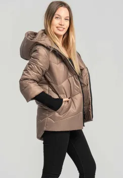 Geaca dama matlasata cappuccino Denisa cu mansete din tricot si gluga imagine