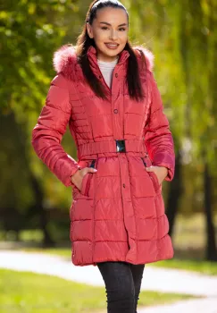 Geaca lunga matlasata culoarea roz cu gluga detasabila si blanita imagine