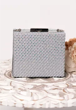 Geanta eleganta Ivonne argintie cu strassuri imagine