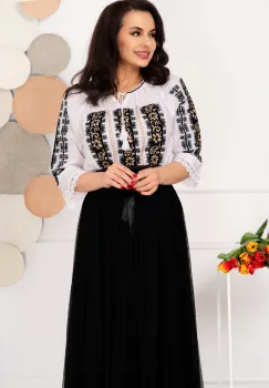 Ie alba traditionala din bumbac Veronica cu broderie neagra imagine