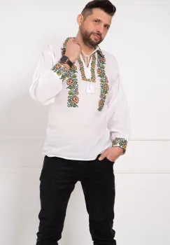 Ie barbateasca din bumbac alb cu bujori brodati imagine